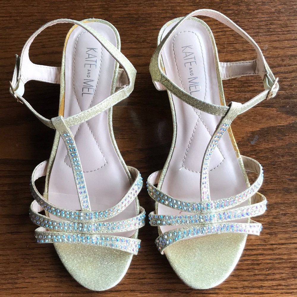 COPY - Kate and Mel sparkly gold T strap wedge sandals w embellished straps EUC
